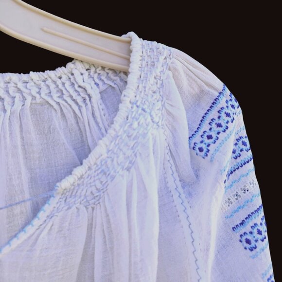 Vintage 60s 70s White Gauze Peasant Blouse Hand Embroidered Greek Balkan M - Picture 4 of 11